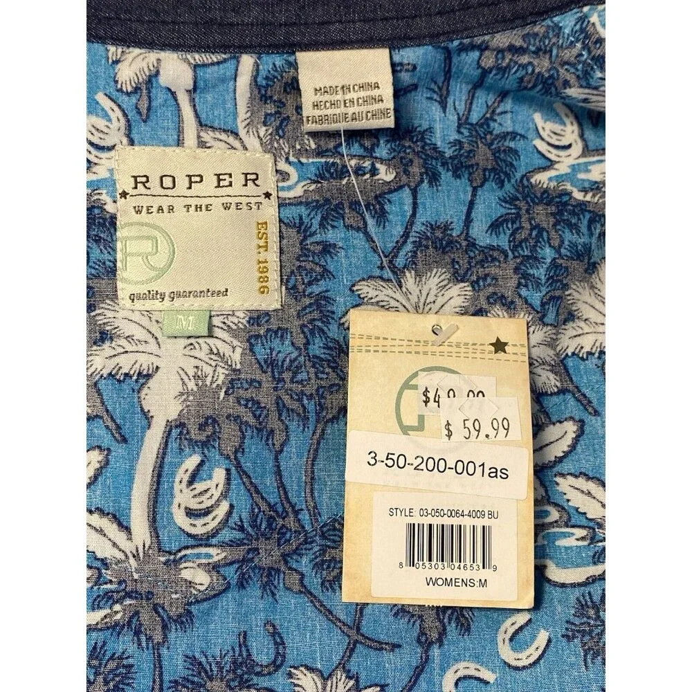 Roper Women's Blue Palm Tree Horseshoes rodeo ready Pearl Snap Western Shirt M - Picture 4 of 10